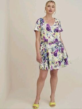 Torrid 1 Skirt Set Purple Yellow Floral Textured Knit Crop Skater 3640-CR